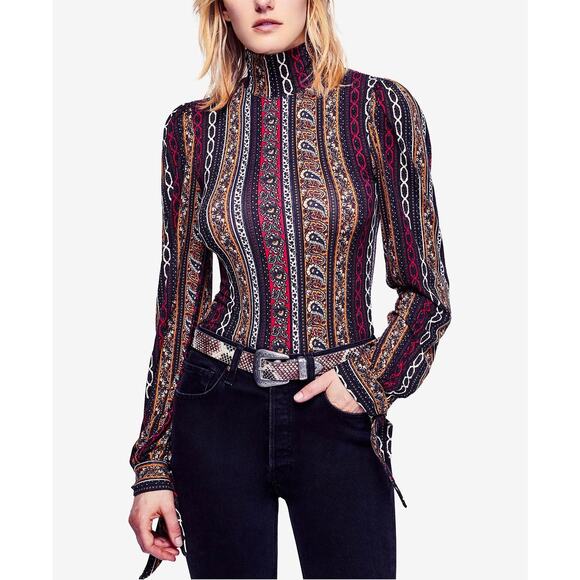 Free People Donatella Turtleneck Paisley Retro Stripe Boho Tied Sleeve Top SZ M - Picture 1 of 11